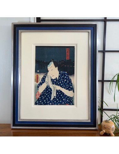 Estampe Japonaise Encadrée de Kunisada | Portrait d'acteur sur paysage nocturne Paris Déstockage Promo