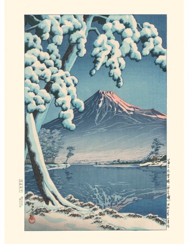 Neige sur le Mont Fuji  depuis la baie de Tago-No-Ura de Hasui Kawase | Reproduction Fine Art une grave pollution 