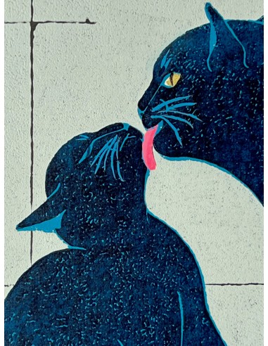 Estampe Japonaise de Nishida Tadashige | Chat bleu et son chaton "Skinship" brillant des détails fins