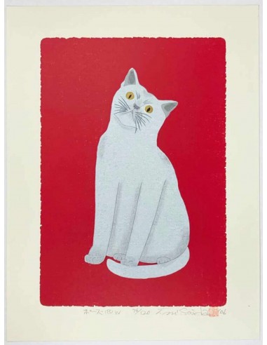 Estampe Japonaise de Nishida Tadashige | Chat blanc en linge