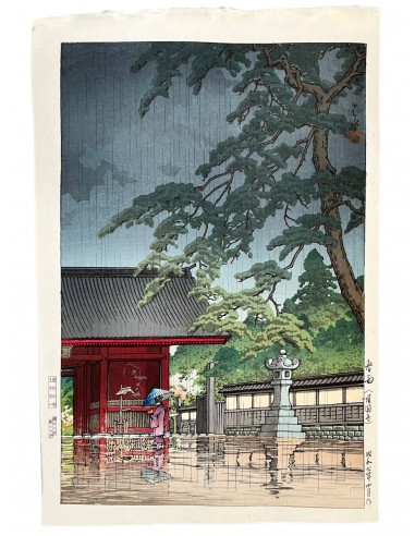 Estampe Japonaise de Hasui Kawase | Le temple Gokokuji sous la pluie ouvre sa boutique