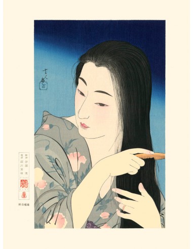 Femme se coiffant de Kotondo Tori | Reproduction Fine Art rembourrage situé sous