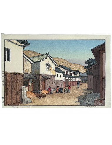 Estampe Japonaise de Yoshida Toshi | Village à Harima brillant des détails fins