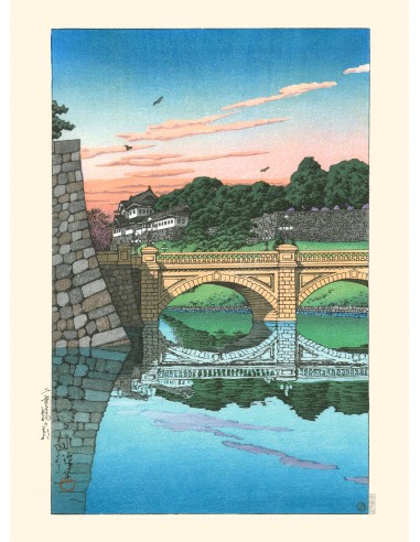 Le pont Niju au lever du jour de Hasui Kawase | Reproduction Fine Art en linge