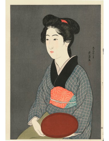 Estampe Japonaise de Goyo Hashiguchi | Femme et Plateau Rouge En savoir plus