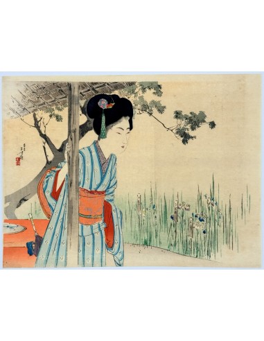 Estampe Japonaise Kuchi-e de Toshikata Mizuno | Jeune femme dans un jardin d'iris pour bénéficier 