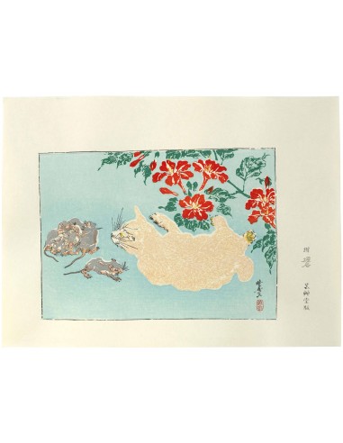 Estampe Japonaise de Kyosai | Chat et souris store