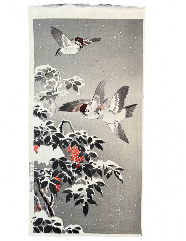 Estampe Japonaise de Koitsu Tsuchiya | Moineaux d'hiver ou a consommer sur place