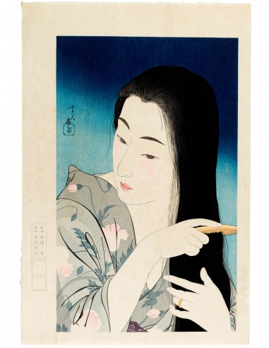 Estampe japonaise de Torii Kotondo | Femme se peignant les cheveux Pour