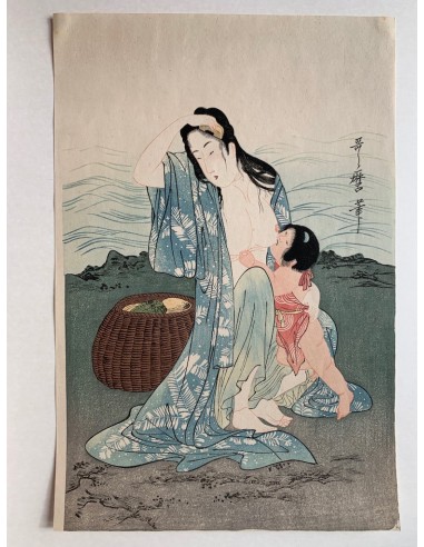 Estampe Japonaise de Utamaro Kitagawa | Les pêcheuses d'Abalones |  partie centrale du triptyque pas cher