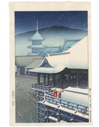 Estampe Japonaise de Hasui Kawase | Neige de printemps sur le Temple Kiyomizu, Kyoto offre 